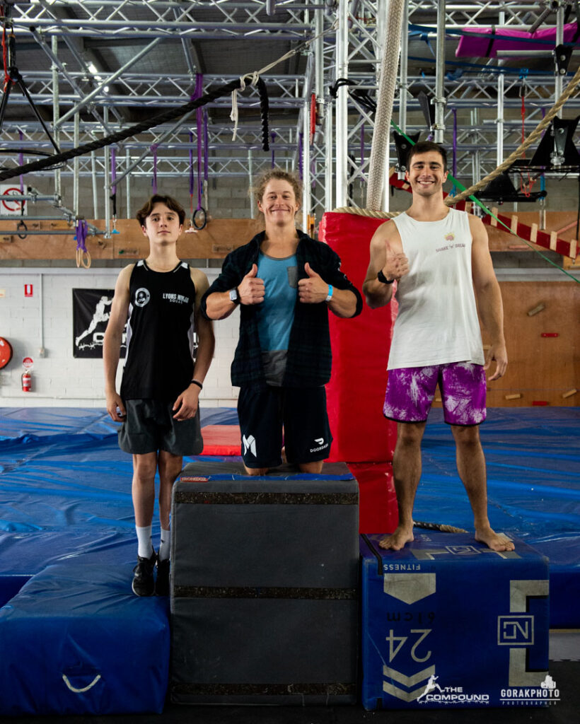 Ashlin Herbert, Jake Baker & Luke Davis on the Ninja Warrior podium at The Compound in Bayswater